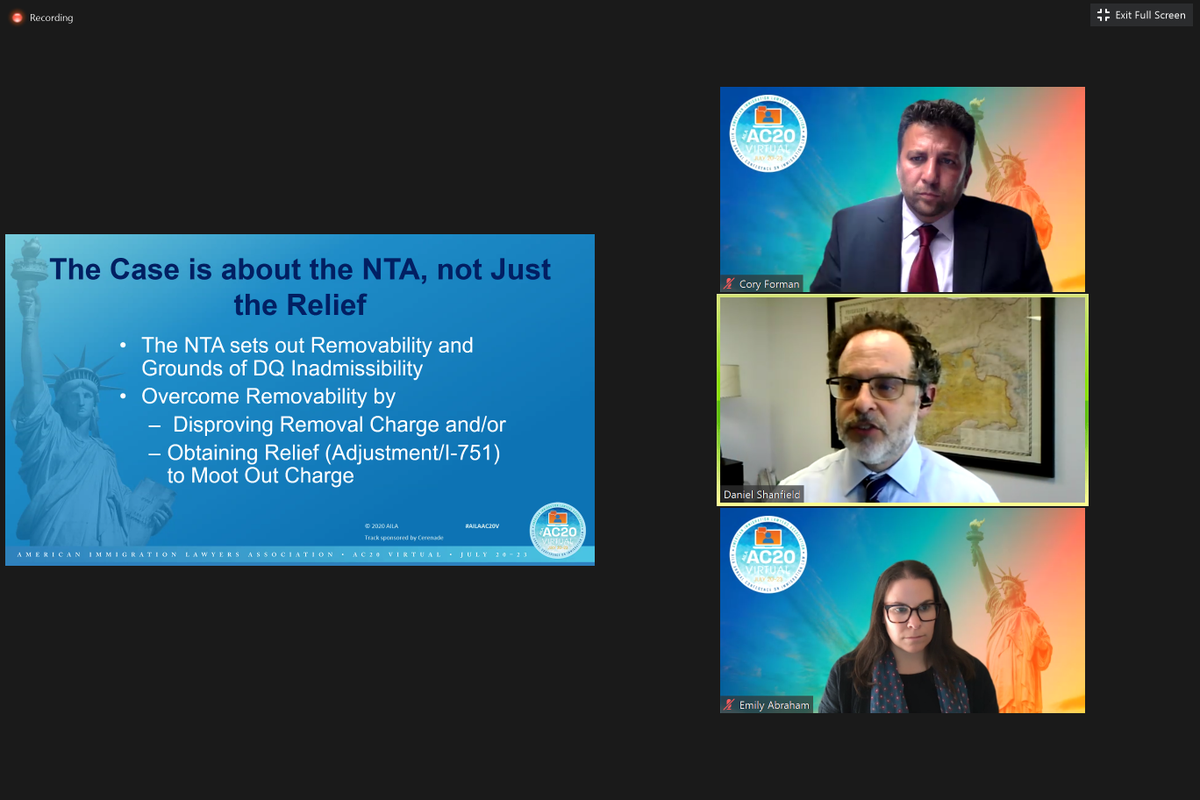 DSImmDefense's tweet photo. Great time presenting with two fantastic lawyers Emily Abraham @sjcollaborative and Cory Forman on fighting deportation and winning family immigration cases in immigration court. Thanks to the nearly 500 @AILANational lawyers attending online! #AC20 #ac20virtual https://t.co/jArw1N9Bg1