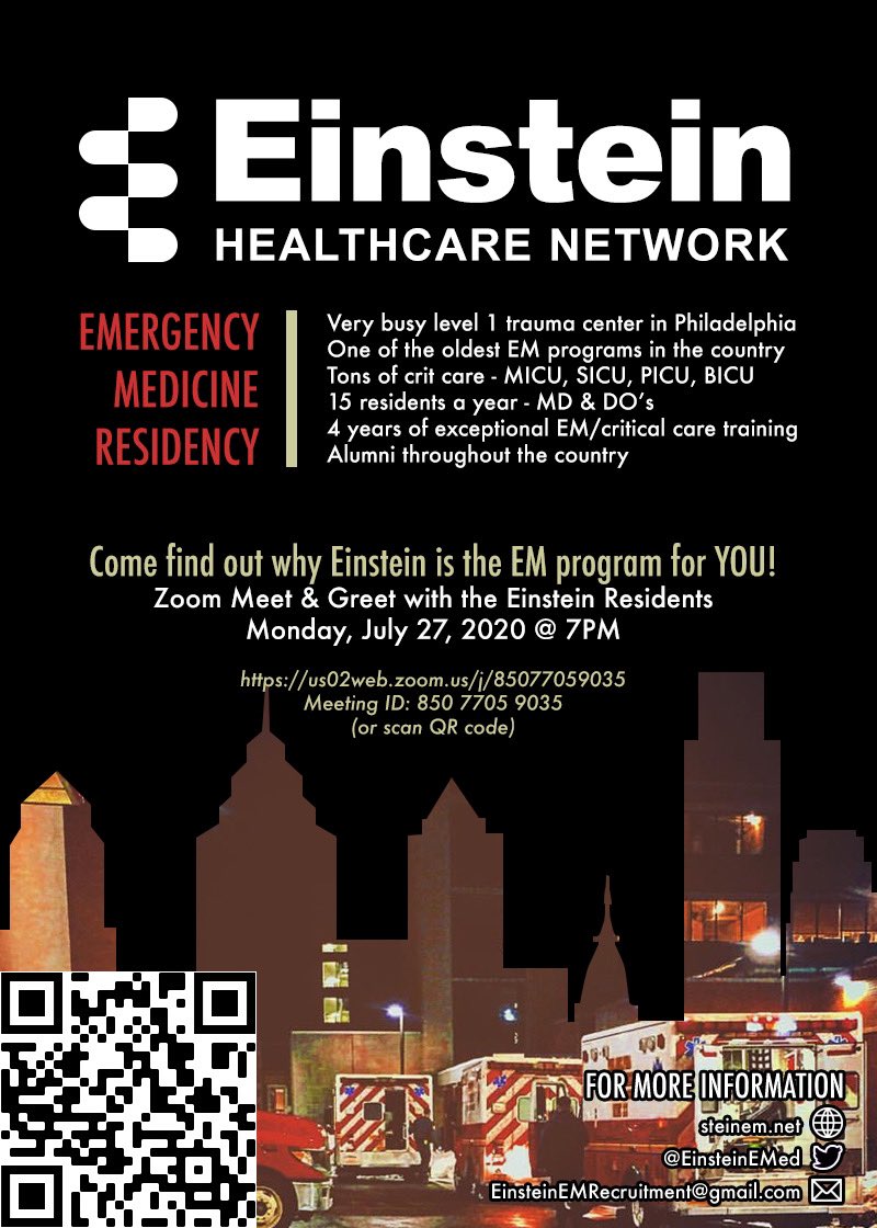 EinsteinEMed's tweet photo. Are you an MS4 interested in EM? 

Join us on Zoom, July 27th @ 7pm to learn about Einstein!
- Level 1 trauma center 
- Extensive critical care experience 
- The opportunity to care for an underserved community

More info below:
#medstud #EM #medstudents https://t.co/f1kYKC5JlV