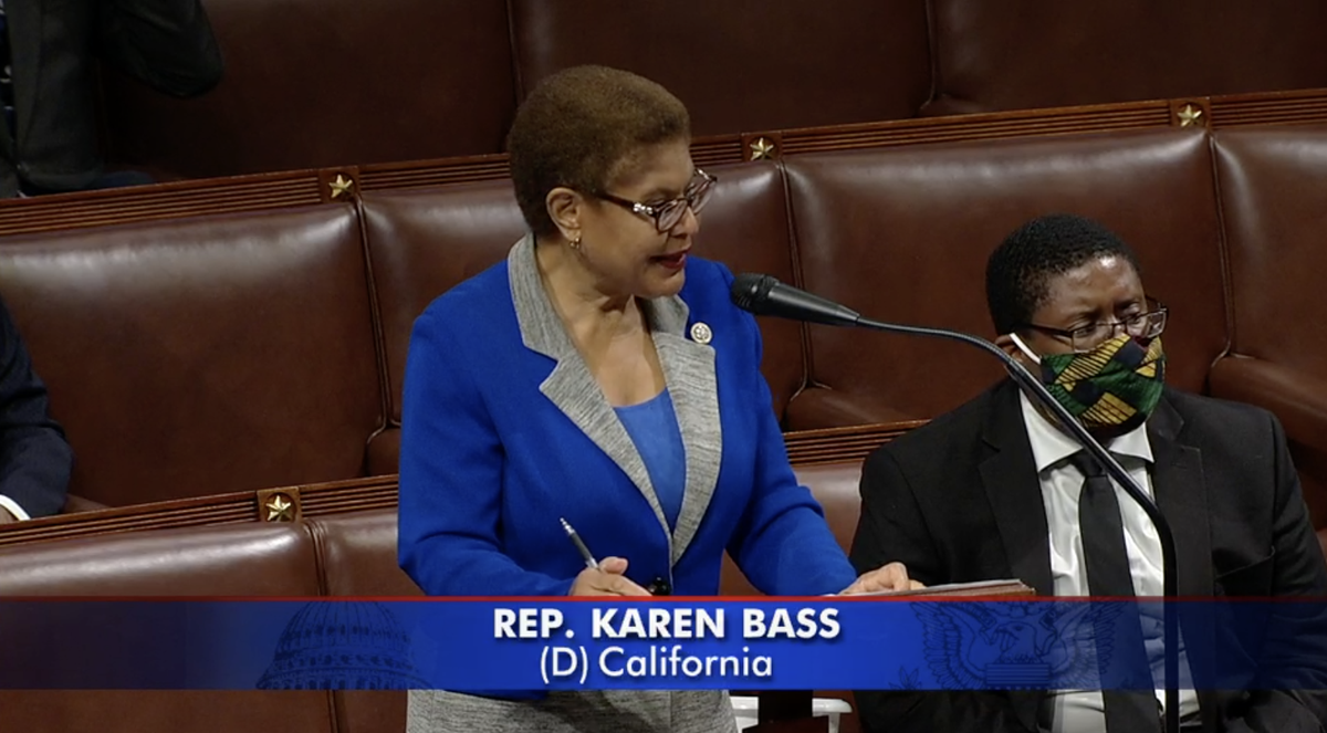 Screenshot of Rep. Karen Bass speaking on the House floor.
