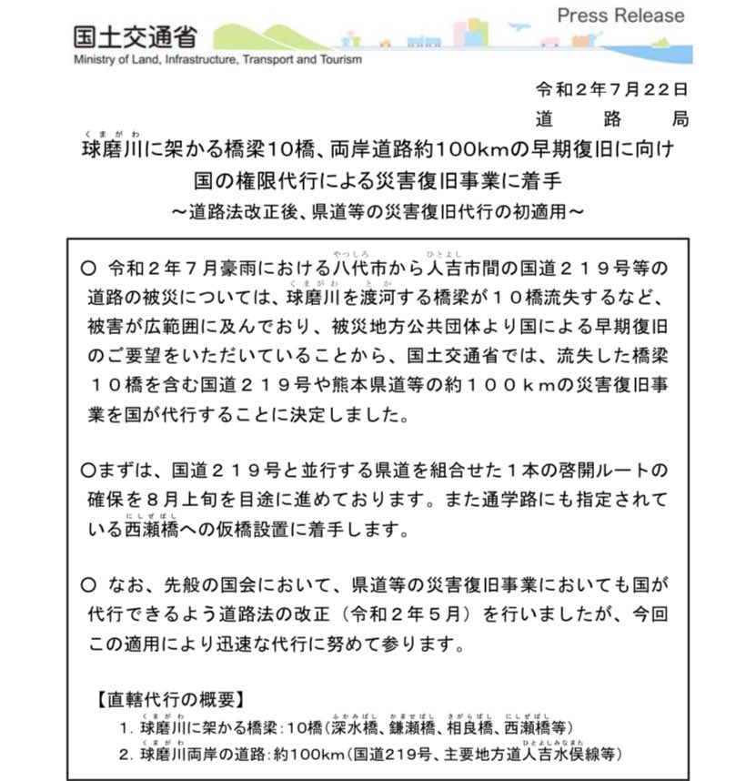 金子恭之 On Twitter お知らせ 熊本県から政府に要望していた球磨川に架かる橋梁１０橋 両岸道路 約１００ の早期復旧に向け 国の 権限代行による災害復旧事業 着手 が 昨日 国土交通省より発表されました