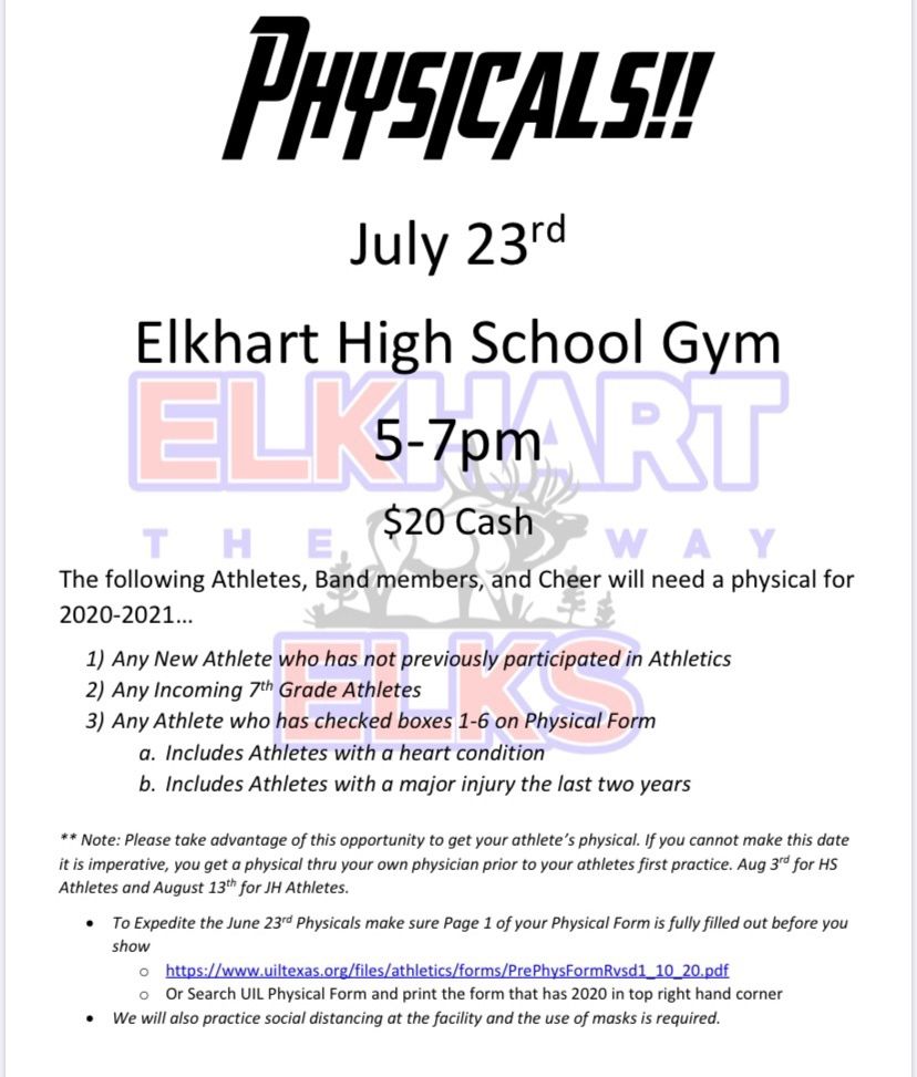 ElkhartElksATH's tweet photo. Don't forget to come for physicals tomorrow! Be prepared and fill out the first page of the UIL physical form! https://t.co/yIOc2uoQvv