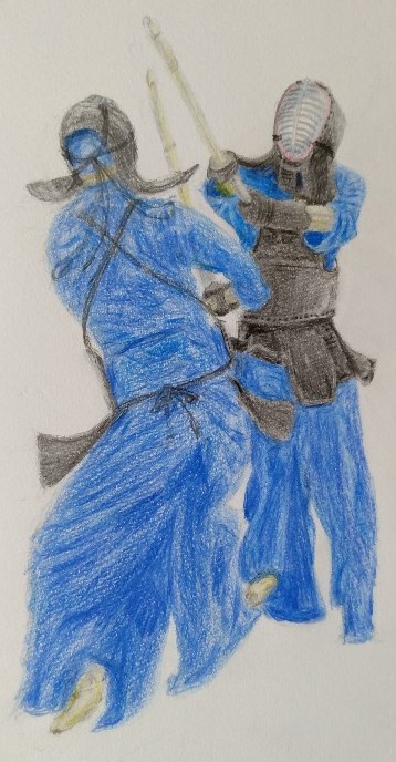 剣道イラスト成長日記 24枚目 年2月上旬 色鉛筆画の2枚目です 前回に引き続き 黒と青の2色でかきました 面に少し赤色使ってますが 色の感覚がつかめてきて カラーの絵をかいてみようという気持ちに 一歩近づきました 剣道 Kendo