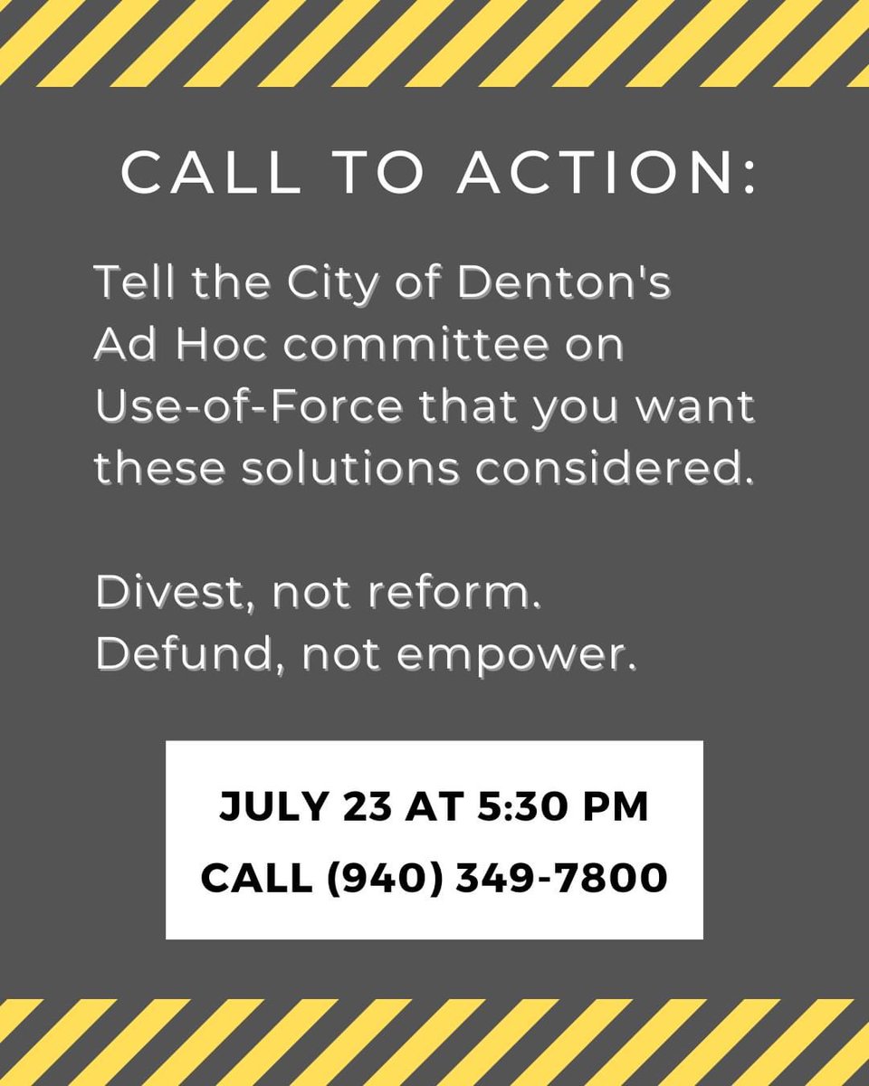 AntGaut's tweet photo. 🚨 CALL TO ACTION 🚨
Tomorrow Thursday 7/23 the city’s ad hoc use-of-force committee will have its first public input session to talk about Denton Police Department policies, practices, and training.
#DentonProtests #DentonCantWait https://t.co/dUvGaq0dBc