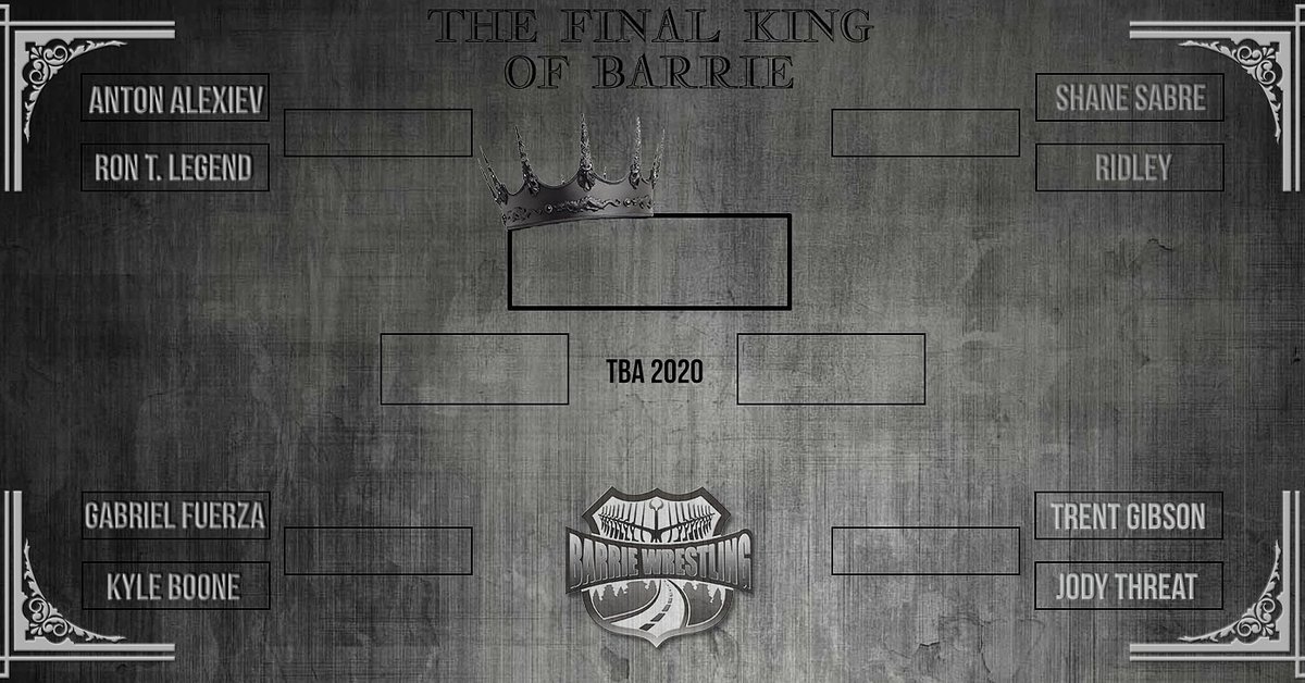 BarrieWrestling's tweet photo. The Final King Of Barrie.
Details on this event are being ironed out and we're sure you're going to love it.
#FinalKingOfBarrie
#FKOB
#Barrie #Wrestling #400North
#TBA2020 https://t.co/em1yRgnNaK