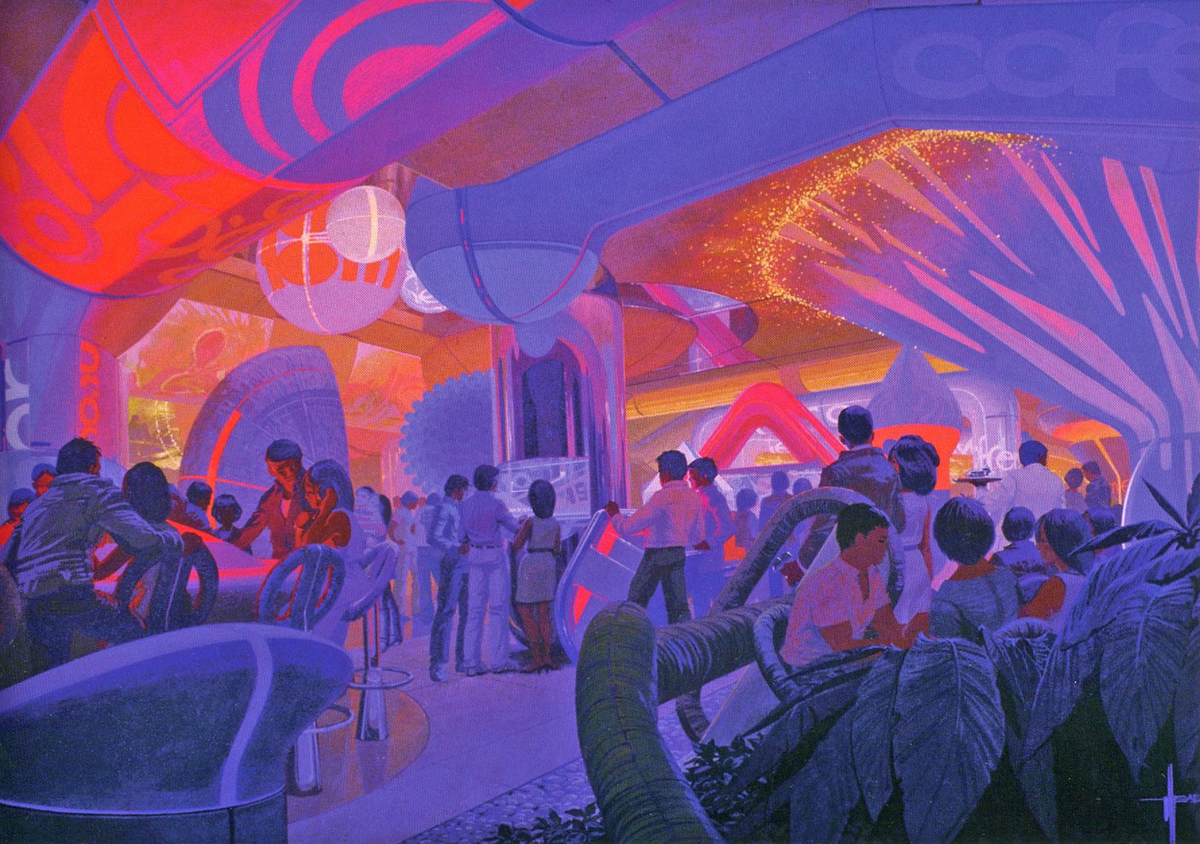 HumanoidHistory's tweet photo. Syd Mead concept art pictures an entertainment zone in a proposed development in Seoul, South Korea, 1996. https://t.co/5saT2r9Yim