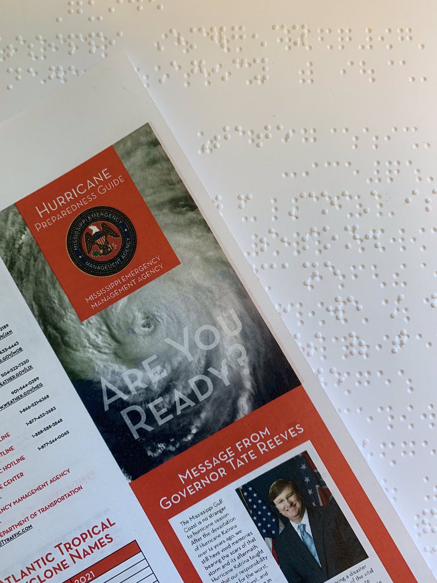 MSDeptofRehab's tweet photo. Braille copies of @MSEMAโs Hurricane Preparedness Guide are available now thanks to the work of our Addie McBryde Center for the Blind. Contact MEMA or MDRS to request one. #MSEMA https://t.co/aiLXSDee5N