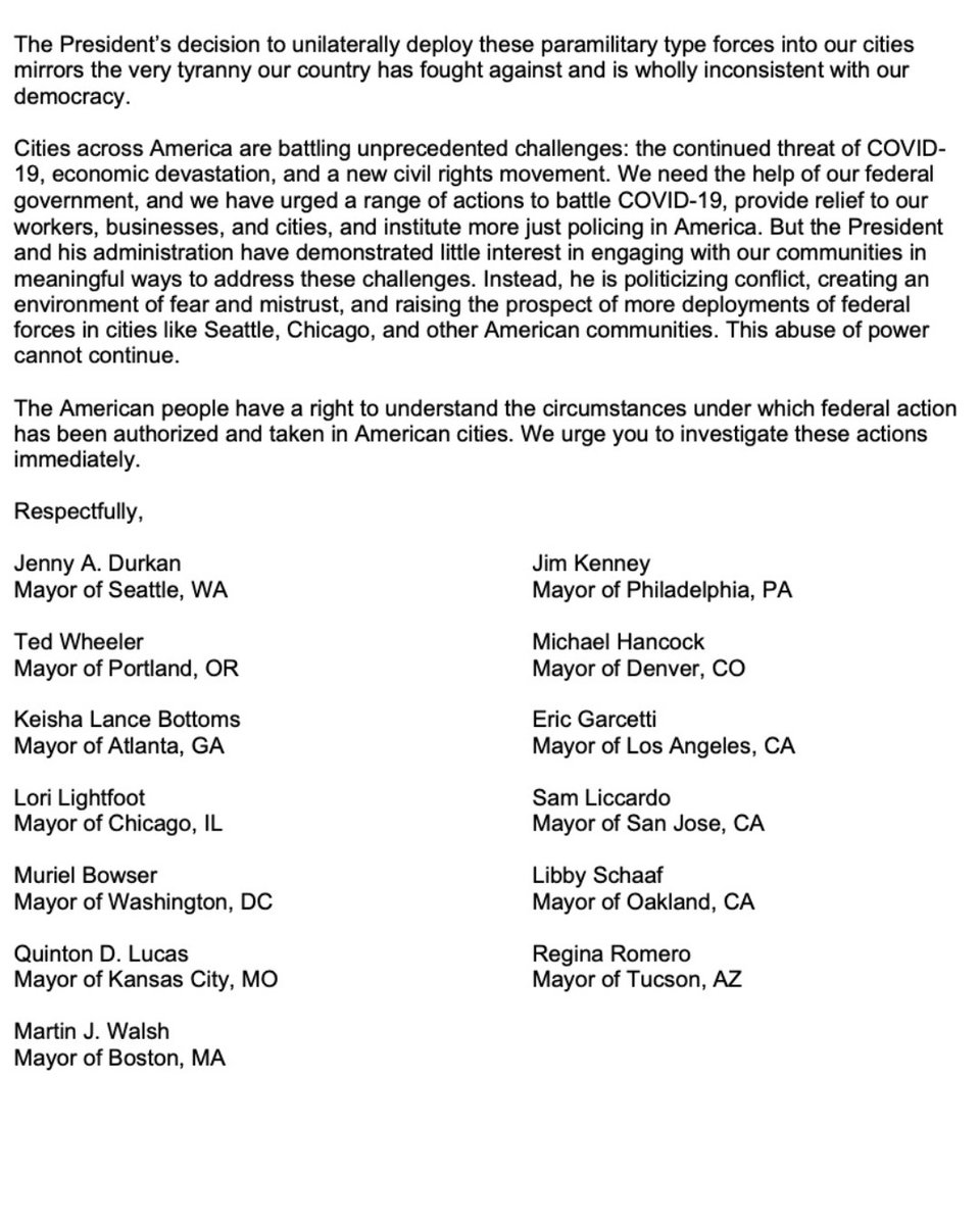 TucsonRomero's tweet photo. Earlier this week, I joined fellow Mayors in condemning the deployment of federal agencies in several U.S. cities. Their presence has only served to escalate tensions and is a poor use of federal resources. https://t.co/r9KeSgSQ47