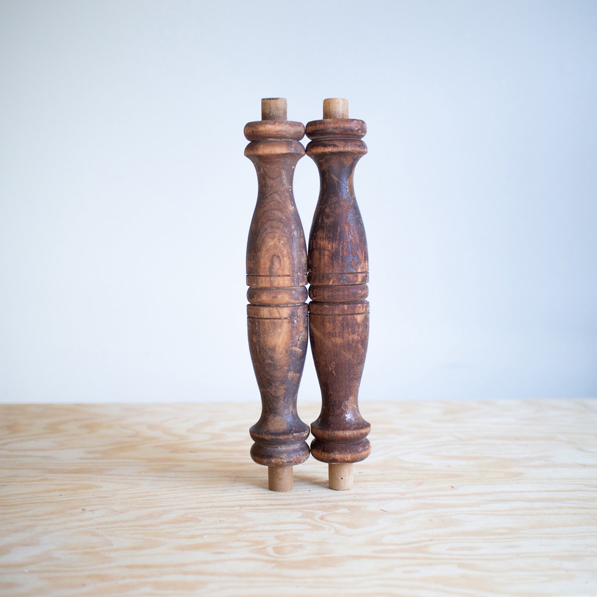 For your next project: These two antique spindles we reclaimed from a turn-of-the-century piano.