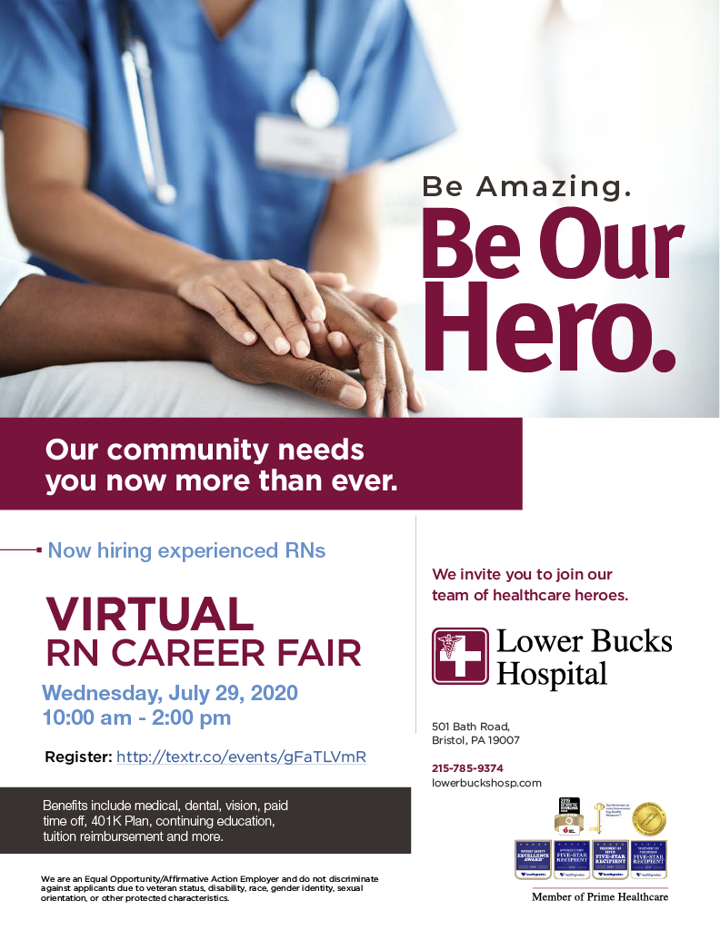 LowerBucksHosp's tweet image. Lower Bucks Hospital is #NowHiring experienced Nurses to work with our Healthcare Heroes. We are holding a Virtual RN Career Fair on Wednesday, July 29, 2020 from 10:00 a.m.- 2:00 p.m. Visit: textr.co/events/gFaTLVmR to register.