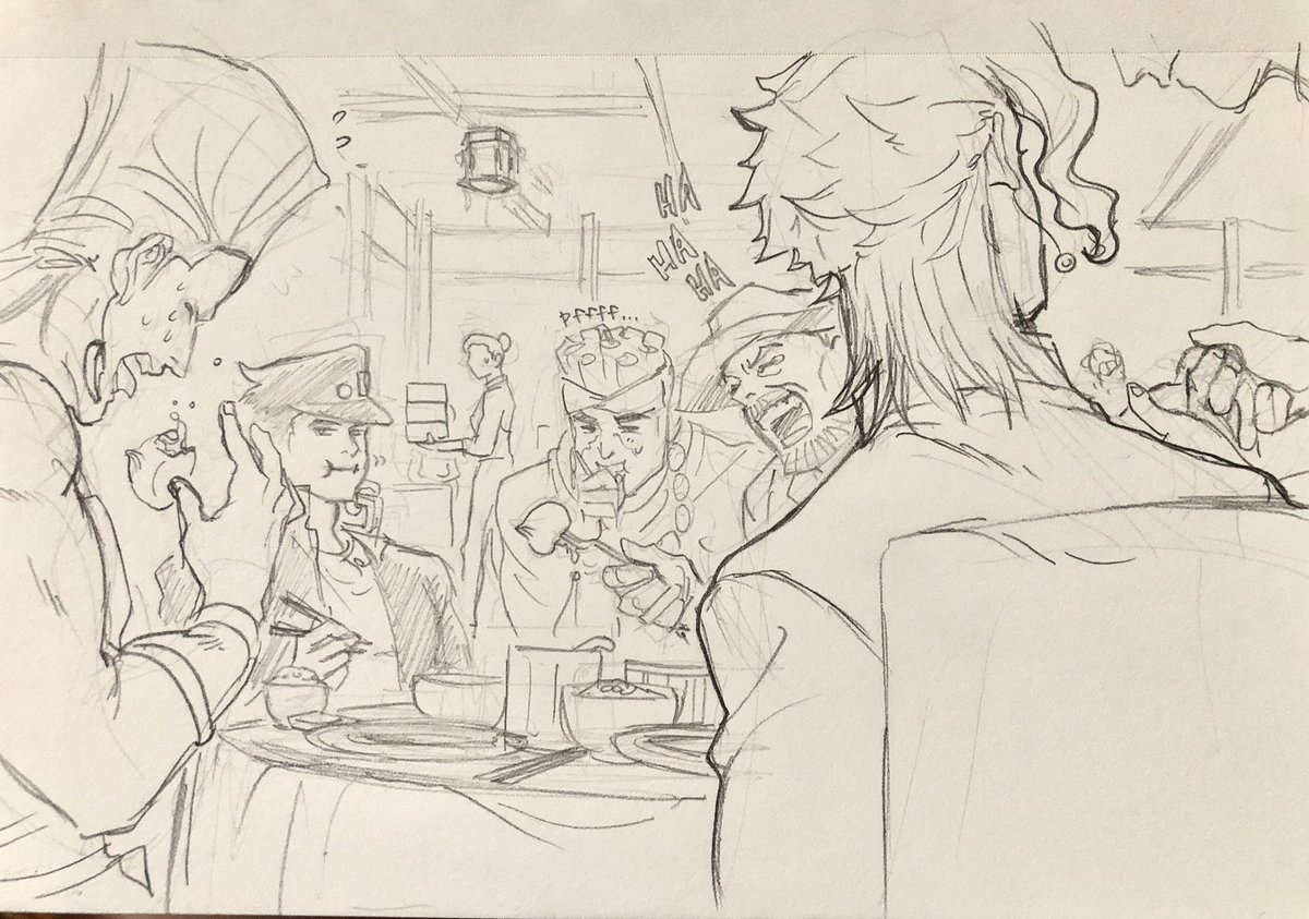 My last round of drawing that Egypt trip from #jjba part 3.
Always wanted to draw them going to a statue shop.
And I'm also thinking #Polnareff grabbing that xiao long bao with barehand while  #JosephJoestar using a fork. ?
#kakyoinnoriaki #JotaroKujo #avdol 