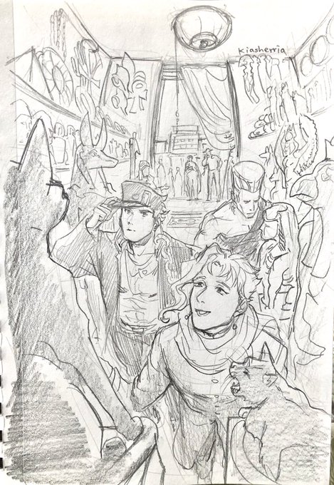 My last round of drawing that Egypt trip from #jjba part 3.
Always wanted to draw them going to a statue shop.
And I'm also thinking #Polnareff grabbing that xiao long bao with barehand while  #JosephJoestar using a fork. ?
#kakyoinnoriaki #JotaroKujo #avdol 