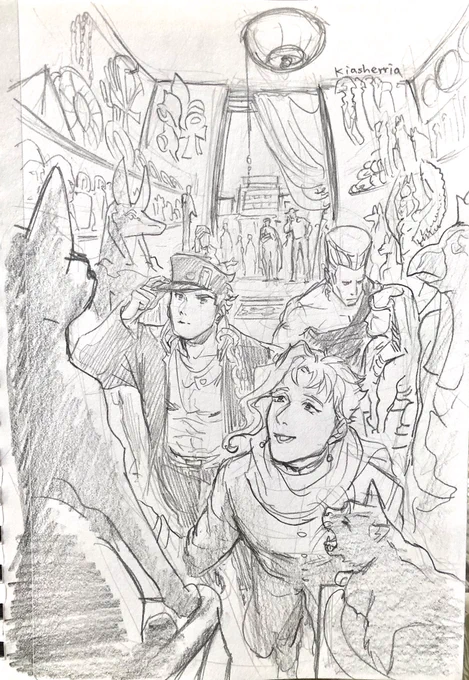 My last round of drawing that Egypt trip from #jjba part 3.
Always wanted to draw them going to a statue shop.
And I'm also thinking #Polnareff grabbing that xiao long bao with barehand while  #JosephJoestar using a fork. ?
#kakyoinnoriaki #JotaroKujo #avdol 