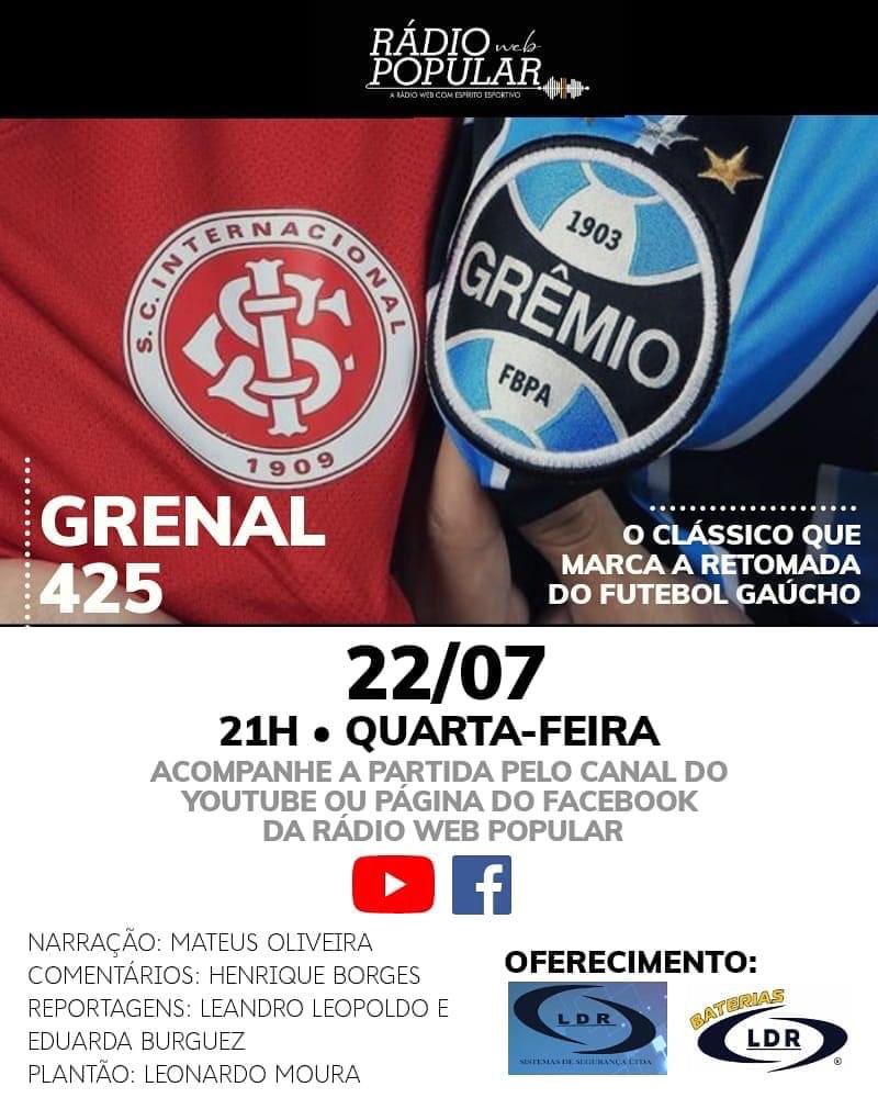 radiowebpopular's tweet photo. 🇪🇪🇲🇨 Hoje é dia de Grenal! No retorno do Gauchão você acompanha tudo sobre o clássico pelo canal do YouTube ou pela página do Facebook da @radiowebpopular https://t.co/IkyN4CCPZp