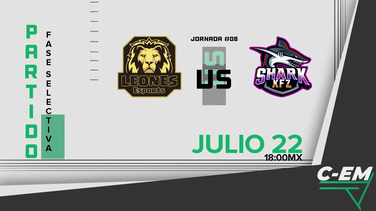 #CEM ⌠ Match day

Estos dos equipos han tenido un paso excelente, ¿quién podrá mantenerlo?

🏆 Jornada 08

⚔️ <a href="/EsportsLeonesCR/">Leones eSports</a> 🆚 @Shark_KFZ
⏰ 18:00🇲🇽▪️ 20:00🇦🇷