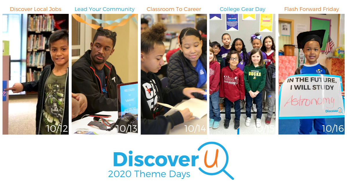discoveruwa's tweet photo. Announcing the DiscoverU 2020 Theme Days! 

Oct. 12 ➡️ #DiscoverLocalJobs
Oct. 13 ➡️ #LeadYourCommunity
Oct. 14 ➡️ #ClassroomToCareer
Oct. 15 ➡️ #CollegeGearDay
Oct. 16 ➡️ #FlashForwardFriday 

https://t.co/pGA8IcgeiS https://t.co/xGMXCEJuSi