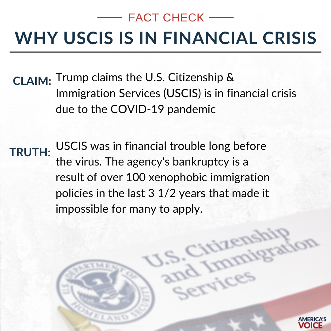 AmericasVoice's tweet photo. Trump claims USCIS is in financial crisis because of the #COVID19 pandemic.

Truth is it is because of his over 100 xenophobic immigration policies that have it impossible for many to apply #CountdownToMeltdown https://t.co/zyVQHy2mO2