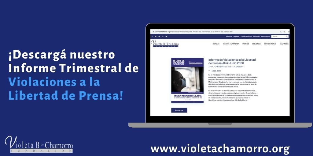 FundVioleta's tweet photo. #FVBCH pone a disposición de la ciudadanía el segundo Informe Trimestral de Violaciones a la Libertad de Prensa en #Nicaragua (Abril-Junio 2020)
Descargalo aquí ➡️ https://t.co/L2aEoCJFxD https://t.co/G7FUjfgqEy