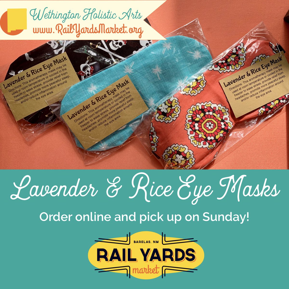 WethingtonArts's tweet photo. We now have our lavender & rice eye masks listed online at the @RailYardsMarket! Shop today and pick up on Sunday at https://t.co/DsjLNXUuzv #shoplocalabq #supportfarmersmarkets https://t.co/luKkco7iRH