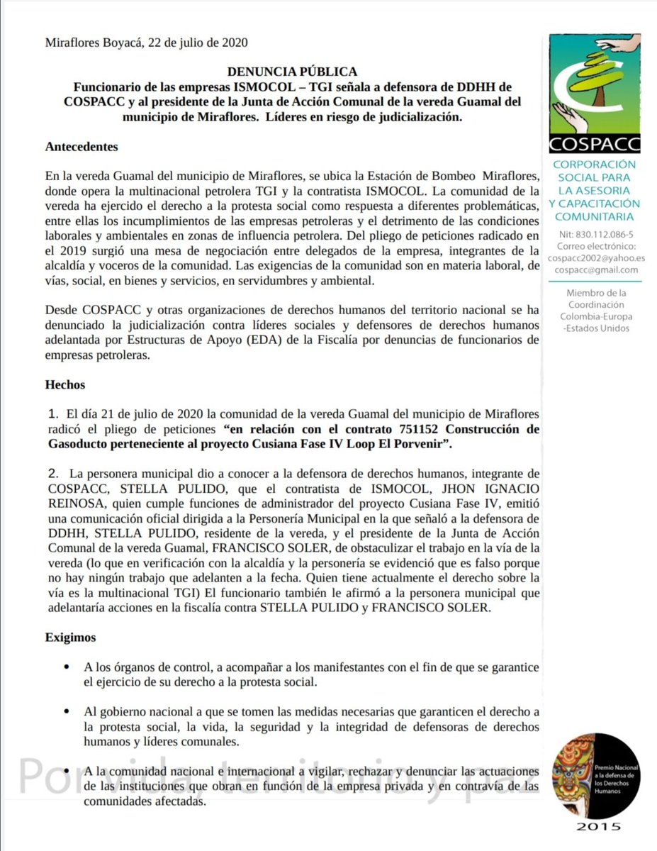 CospaccOficial's tweet photo. ⚠️ #DerechosHumanos
#Boyacá #Miraflores #DefensoraDDHH #LíderComunal
Funcionario de ISMOCOL – TGI señala a defensora de DDHH de COSPACC y al presidente de la JAC de la vda Guamal del mpio de Miraflores, Boyacá. Líderes en riesgo de judicialización.
https://t.co/IK6w9QGAHm https://t.co/ybciBsnckB