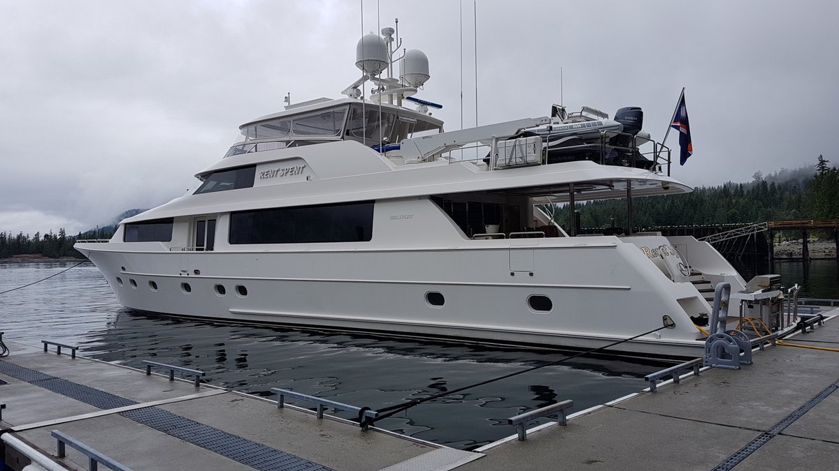 Rent Spent > 110 ft Westport moored at Big Bay Landing Stuart Island B.C