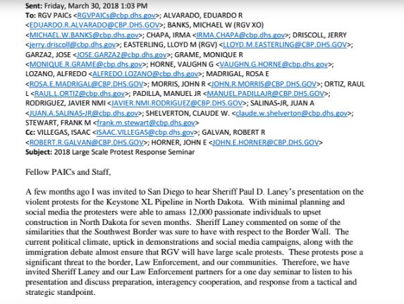 In 2017, Cass County, ND Sheriff Paul Laney (an architect of Standing Rock police ops) trained Border Patrol agents in San Diego on protest repression. He followed up with another training of Border Patrol agents in TX's Rio Grande Valley, as I reported in  @shadowproofcom