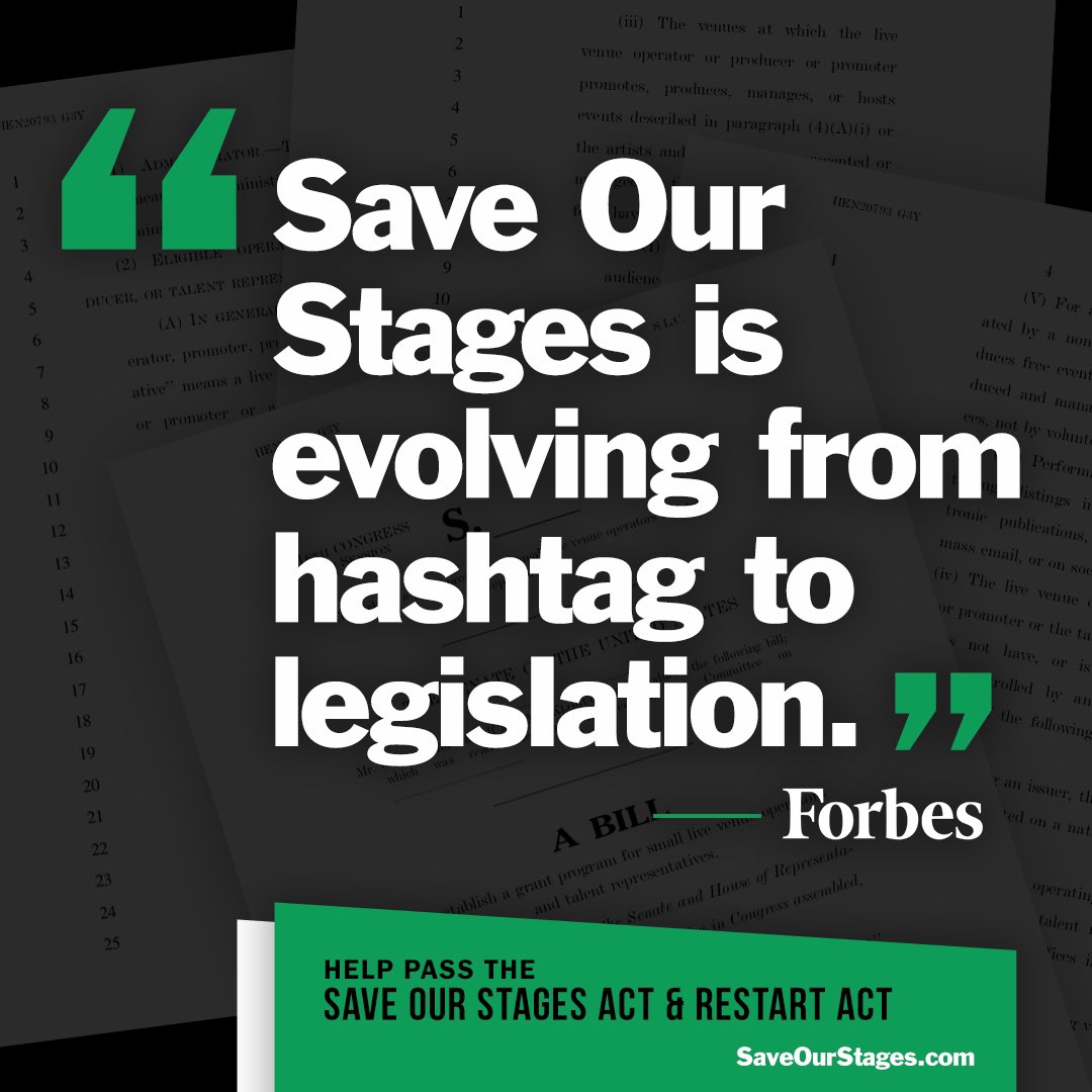 We applaud the introduction of the bi-partisan Save Our Stages Act by Senator <a href="/JohnCornyn/">Senator John Cornyn</a> (R-TX) and Senator <a href="/amyklobuchar/">Amy Klobuchar</a> (D-MN)

We NEED the #SaveOurStagesAct and the #RestartAct passed in order to keep independent venues from closing permanently.

SaveOurStages.com