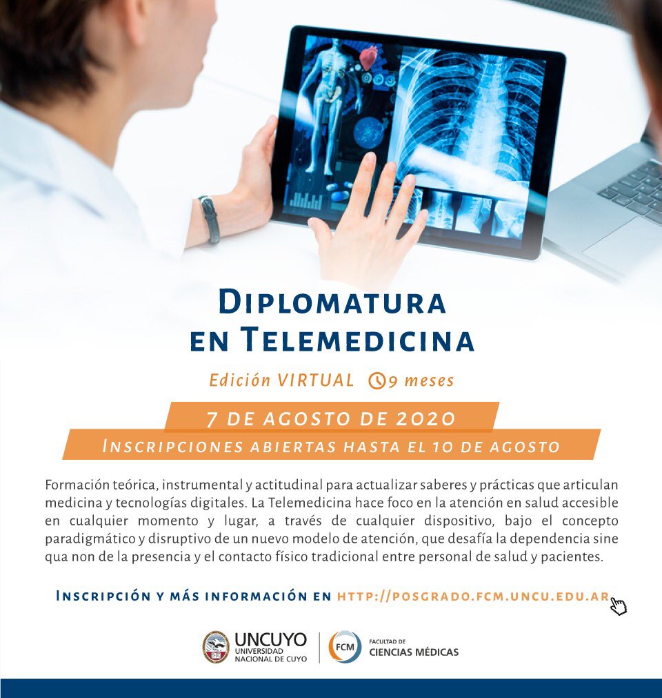 DaniRizzato's tweet photo. Qué importante formarse en #Telemedicina! Esta abierta la inscripción a la #Diplomatura de @Telemed2019 dictada por la @FCMUNCUYO de forma #virtual. Inicia en Agosto! Anotate: https://t.co/5TA7FdOlDU #SaludDigitalAR https://t.co/lWULAfkaZE