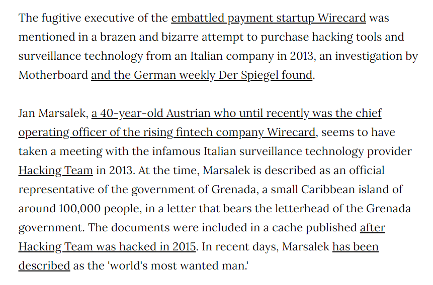 So before taking over handling credit & debit transactions & electronic payment system across Europe & the Middle East, Marsalek posed as a representative of the Government of the Grenada.Purpose? To buy hacking tools they only sell to governments for spying!