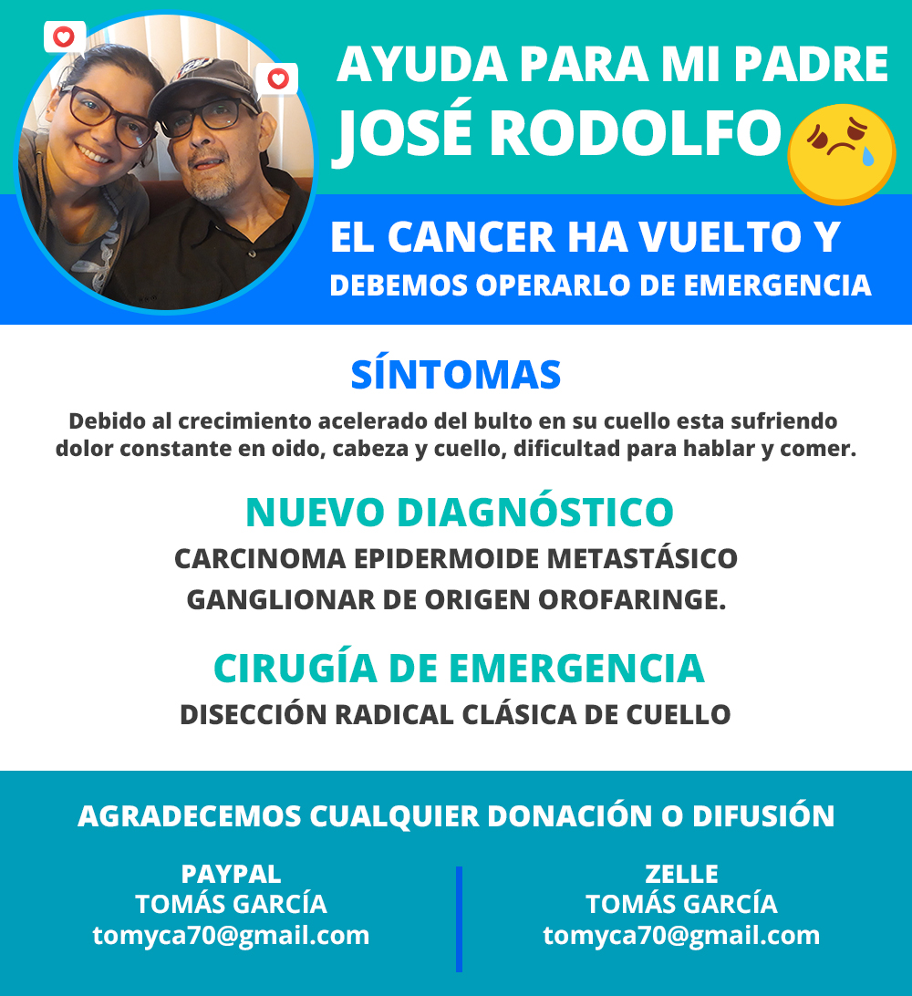 mari_mcasado's tweet photo. Mi padre José Rodolfo debe operarse de emergencia, cada día le cuesta mas hablar, comer y tiene constante dolor. El #Cancer ha vuelto con metástasis en los ganglios. Agradecemos infinitamente toda ayuda que nos puedan dar #RT😢🙏Campaña👉 https://t.co/ICafAhMSk8 https://t.co/T5978zCHMJ