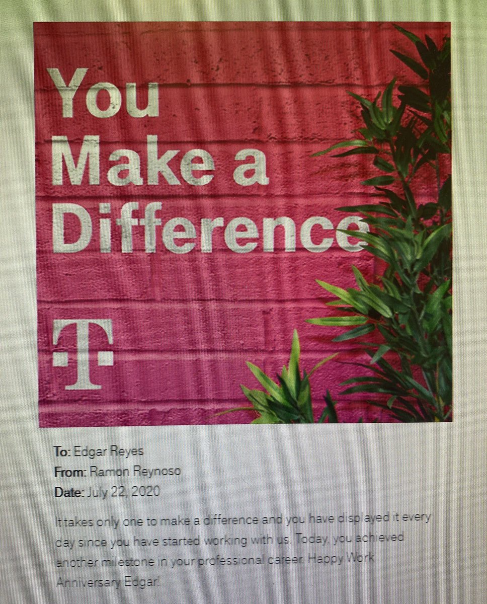 capitan_reynoso's tweet photo. Happy Work Anniversary Edgar! Employees like you are the pride and joy of #Tmobile . We are proud to have you with us. On the way forward, you deserve all you have achieved and more. #workanniversary #magentapower #MakeADifference https://t.co/jrShV6xmB2