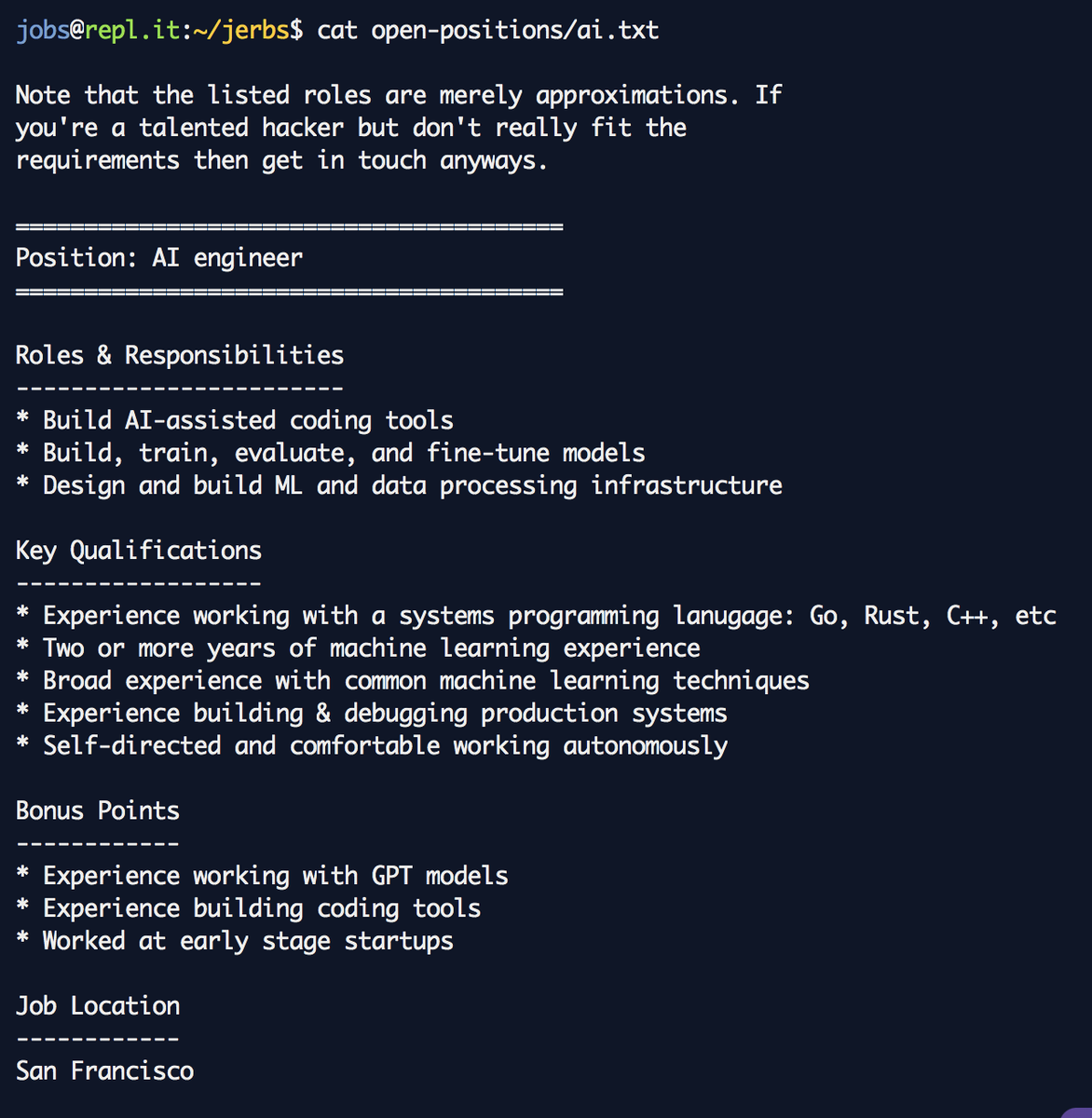 We're hiring a full-time ML engineer to working on AI-assisted coding. Send me your resume: amjad@repl.itMore info on our jobs terminal:  http://repl.it/jobs&nbsp;