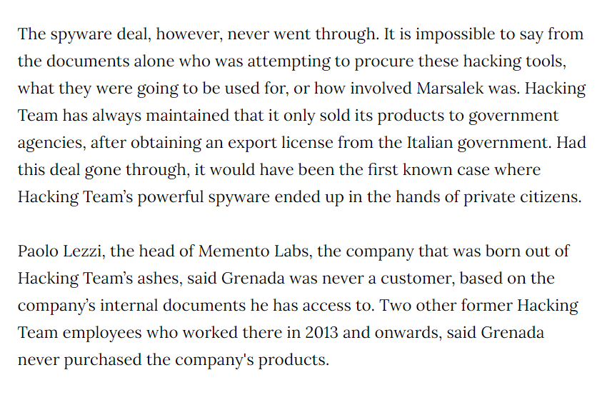 Representatives of the survivor company that took over when Hacking Team when out of business, say there are no records the sale occurred. That they only sold hacking tools to governments with Italian govt export approval.Time will tell if that is true...