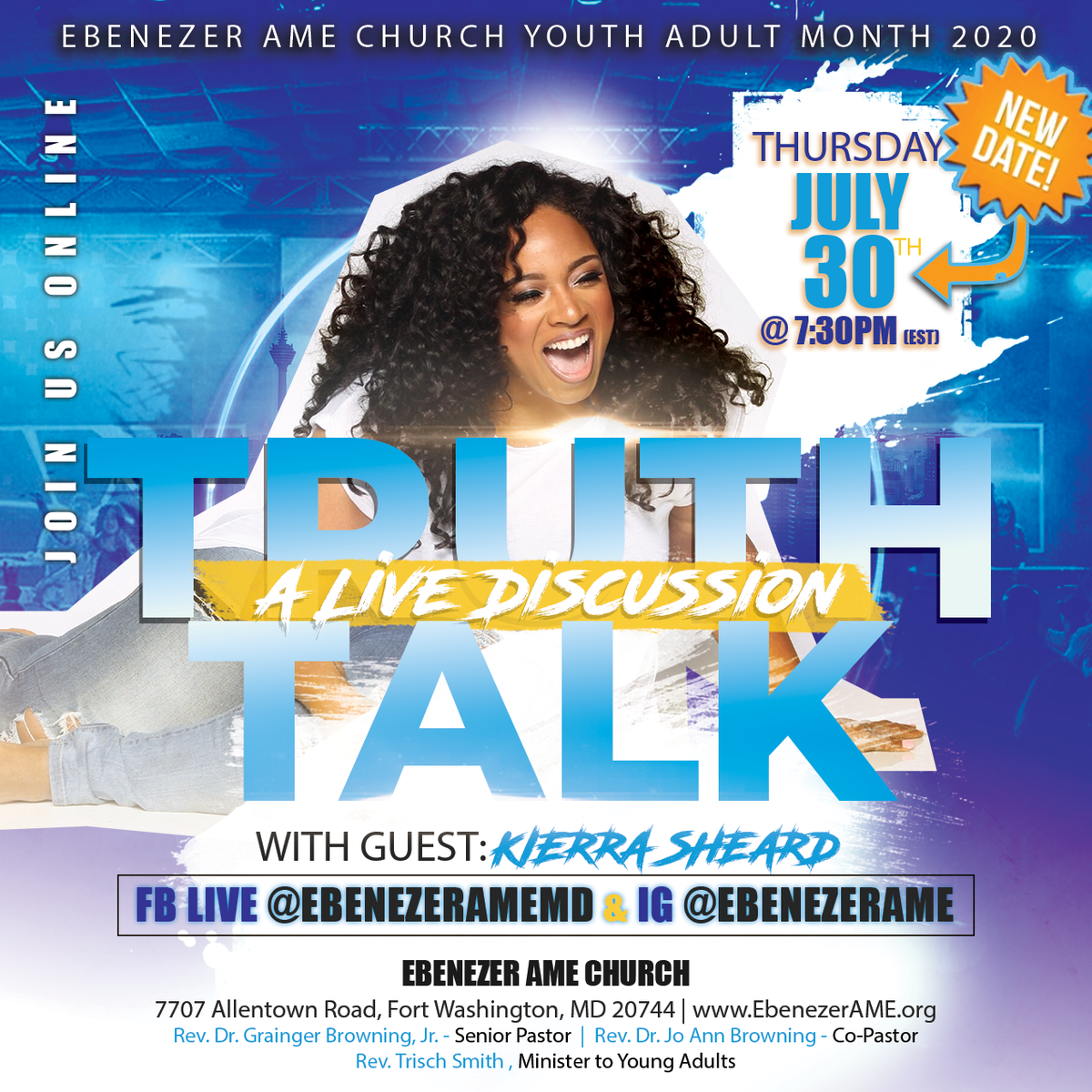 EbenezerAME's tweet photo. 🚨 NEW DATE ALERT 🚨 #YoungAdults our LIVE DISCUSSION with @KierraSheard has been moved to Thursday, July 30th @ 7:30pm!
Tag A Friend | Tell A Friend!
#KierraSheard
#KatchingKierra
#BetterIsComing https://t.co/pYusXuHyWS