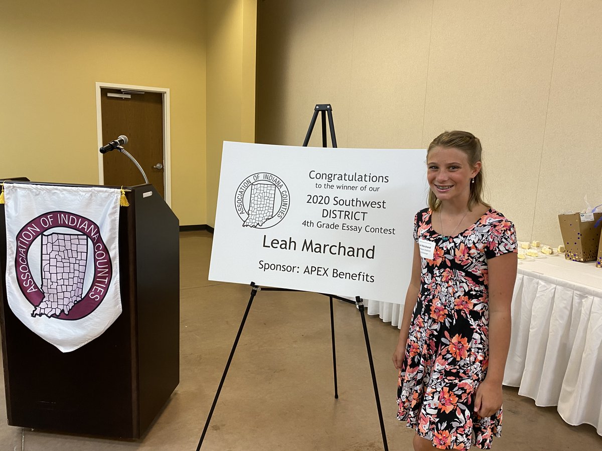 INcounties's tweet photo. Congrats to Leah Marchand, our 4th grade essay winner for the Southwest District. Thank you to APEX Benefits for sponsoring our essay contest &amp; our sponsors for your continued support of our District Meetings.  #INthistogether #MaskUpHoosiers #INCounties https://t.co/lGGXiPiSLt