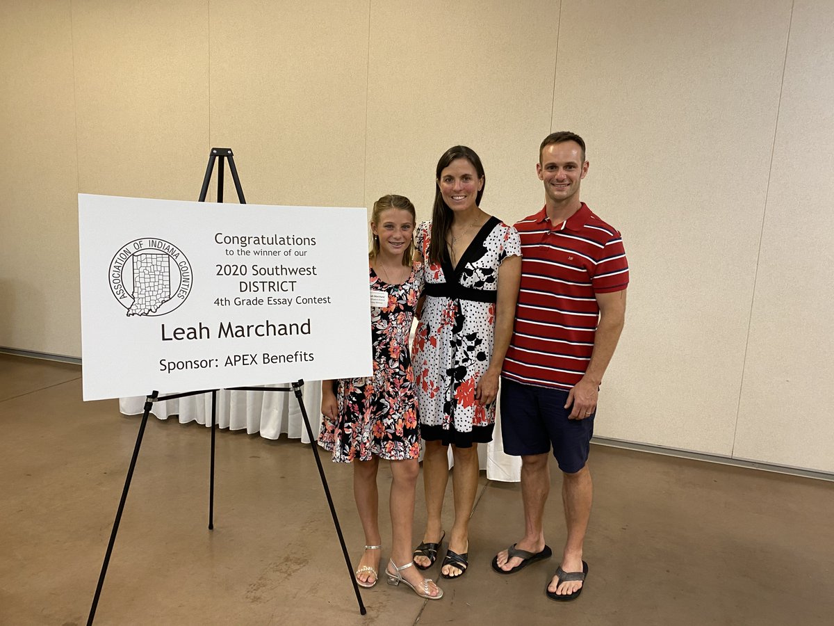 INcounties's tweet photo. Congrats to Leah Marchand, our 4th grade essay winner for the Southwest District. Thank you to APEX Benefits for sponsoring our essay contest &amp; our sponsors for your continued support of our District Meetings.  #INthistogether #MaskUpHoosiers #INCounties https://t.co/lGGXiPiSLt