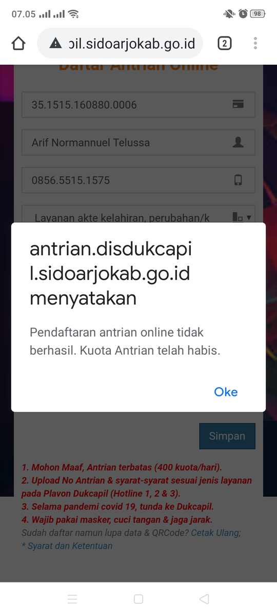 badutsidoarjo's tweet photo. Mohon info @dukcapilsda utk mendapat nomer antrian detailnya gimana ya?
...
menurut info awal buka jam 07.00 WIB, ini mencoba daftar pkl.07.05 kuota sudah penuh.
...
mohon bantuan,terima kasih. https://t.co/w5g11RyN9t