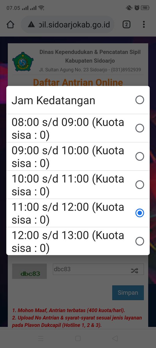 badutsidoarjo's tweet photo. Mohon info @dukcapilsda utk mendapat nomer antrian detailnya gimana ya?
...
menurut info awal buka jam 07.00 WIB, ini mencoba daftar pkl.07.05 kuota sudah penuh.
...
mohon bantuan,terima kasih. https://t.co/w5g11RyN9t