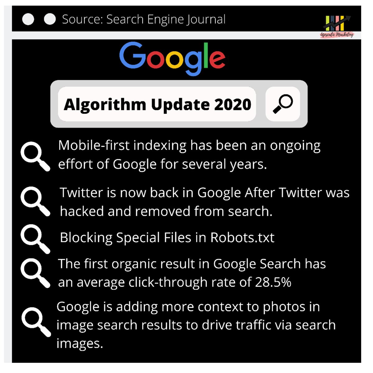 UpscalicM's tweet photo. Did you know these latest algorithm updates 2020?

Stay updated with these facts!

Follow 👉 @UpscalicM for more updates!

#GoogleAnalytics #googlealgorithm2020 #DigitalMarketing #WebsiteDesign #Online #GoogleEI https://t.co/586a5zpcyl