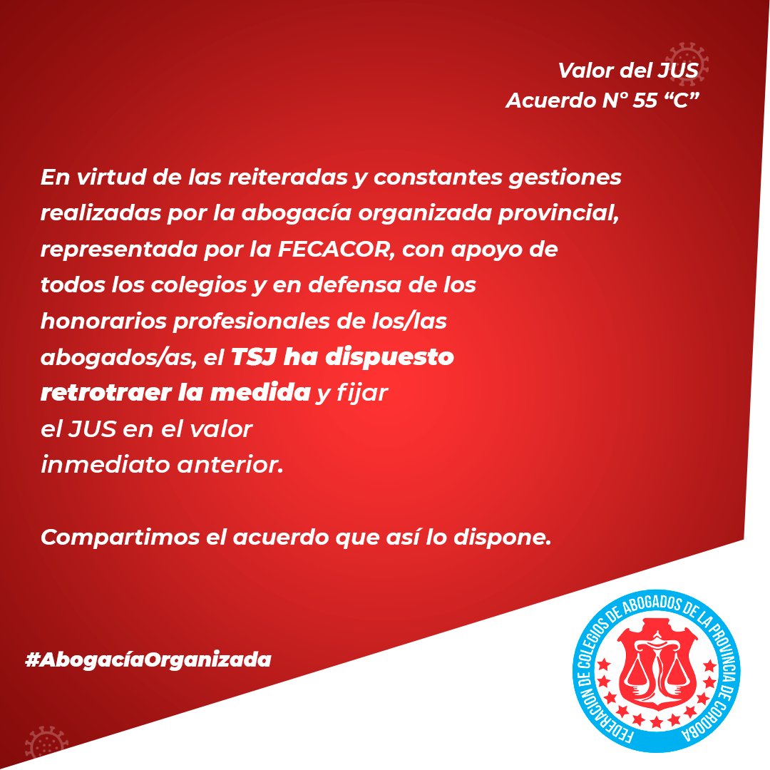 FeCACorOk's tweet photo. Gracias al trabajo de toda la colegiación de la provincia de Córdoba se restableció el valor del #JUS.
🔗 https://t.co/aYnlZZMGYU
#FeCACor Federación de Colegios de Abogados de la Provincia de Córdoba #AbogacíaOrganizada https://t.co/OngOlTr6uh