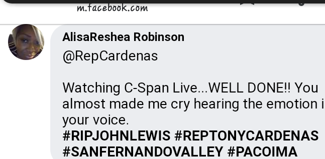 IndustryClassy's tweet photo. @RepCardenas Watching C-Span Live...WELL DONE. You almost made me cry hearing the emotion in your voice!
#RIPJOHNLEWIS #SANFERNANDOVALLEY #REPCARDENAS #PACOIMA #BLACKLIVESMATTER #BLM https://t.co/LT57KAISzN