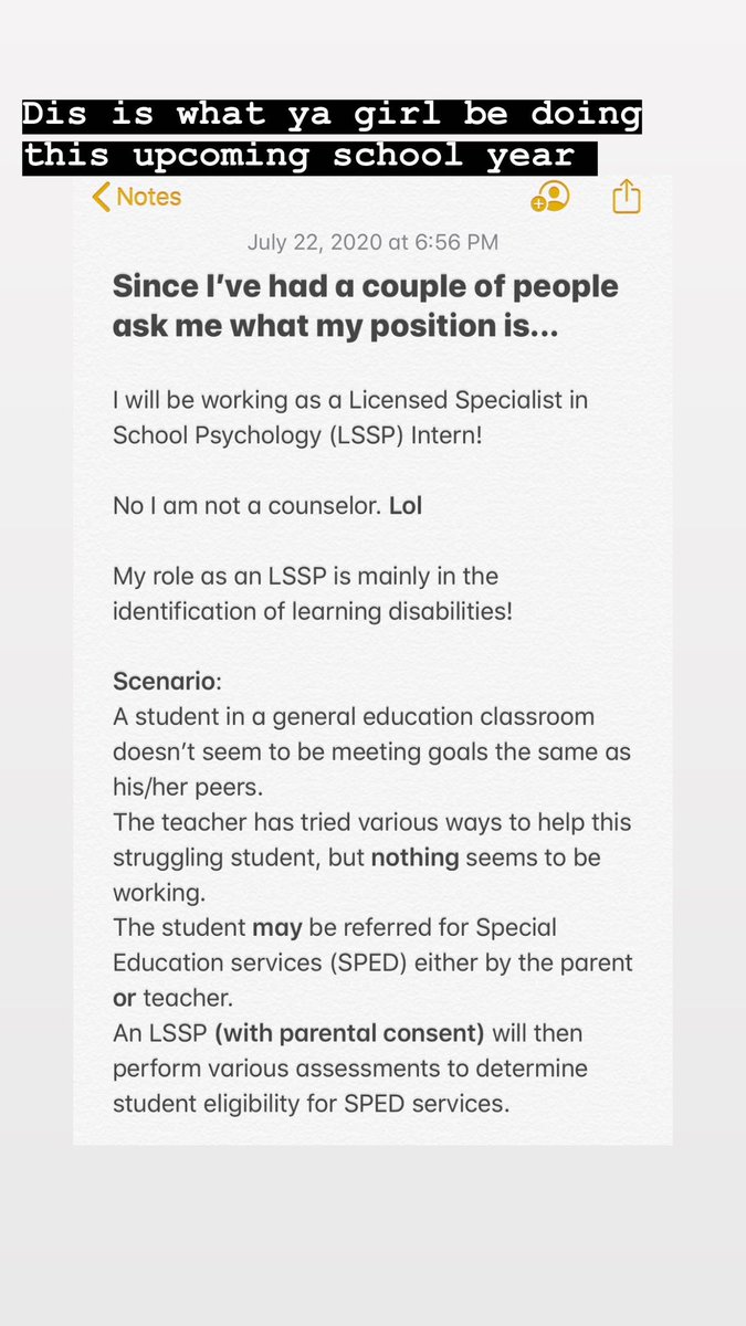 elig95's tweet image. Incase you haven’t seen my insta story, but here’s what a School Psychologist does! #LSSP 
Also I graduate next May after I finish my internship 🤗🤗🤗