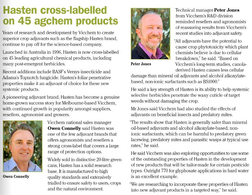 VicChem's tweet photo. Post emergent season is underway & it’s critical to make sure you’re using #TheRightChemistry! With Hasten’s extensive cross-label across 45 leading Products/Actives, make sure when it comes to using these products you’re using the iconic & #Original #Hasten #Adjuvant by #Vicchem https://t.co/FioTgzKq0j