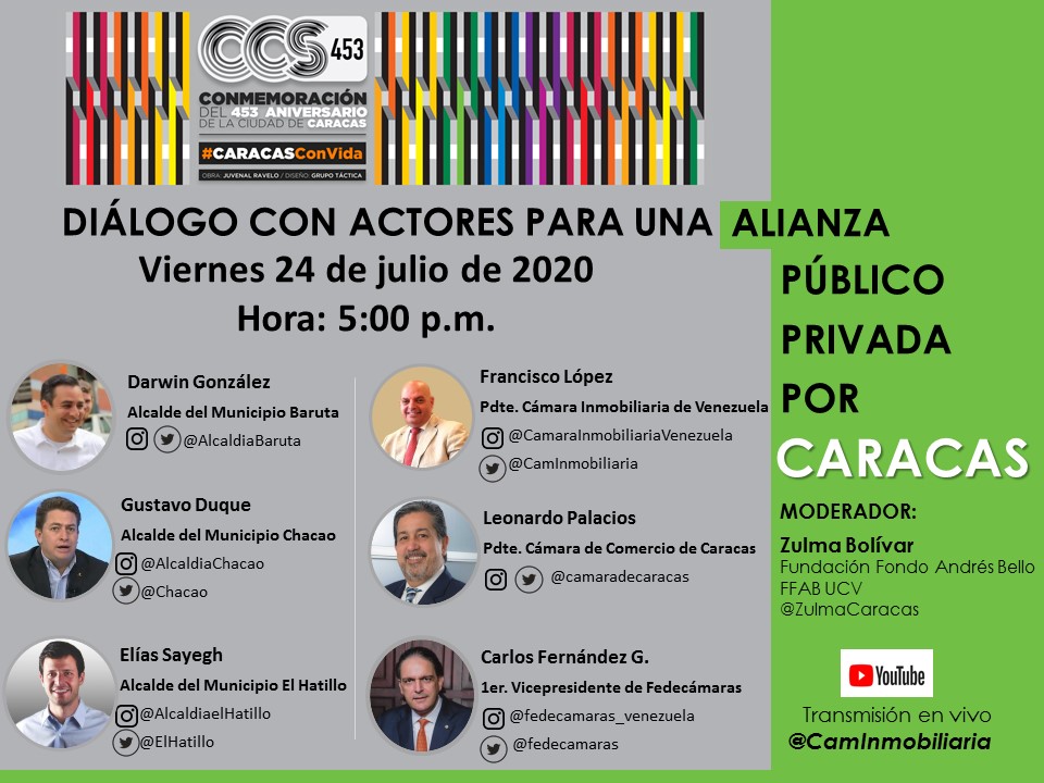 fedecamaras's tweet photo. En conmemoración al 453 aniversario de la Ciudad de Caracas, Diálogo con actores para una alianza público privada
#24Julio
Transmisión en vivo por Youtube
#camarainmobiliariadevenezuela
@cafdz, 1er vicepresidente de Fedecámaras, estará participando junto a destacados panelistas. https://t.co/vM4HeDWbCd