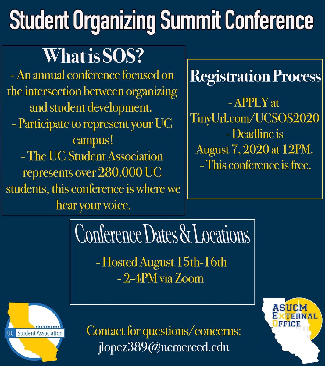 Applications to be apart of the Student Organizing Summit Conference are now live ! 
UC SOS is an annual conference focused on the intersection of organizing and student issues. Apply and connect with students across the UC System