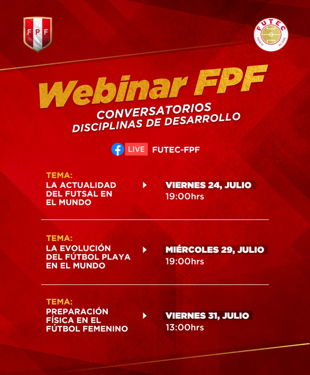 FpfFutsal's tweet photo. ¡No te lo pierdas! 🔥 ⚽

Desde este 24 julio, iniciamos los conversatorios sobre fútbol femenino, fútbol playa y futsal que serán dictados por expertos en estas disciplinas. https://t.co/w0YvAPwp3V
