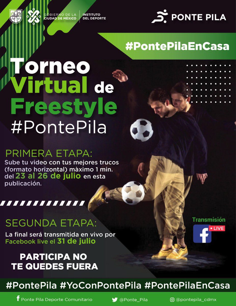 Ponte_Pila_'s tweet photo. 🟢 #PontePilaEnCasa y Participa en nuestro Torneo Virtual de Freestyle #PontePila. 
Sube tu video en esta publicación. Transmitiremos #EnVivo a los ganadores este viernes 31 de julio #YoConPontePila 
¡Aquí las bases!👇🏻 https://t.co/QmfntOmvWc
