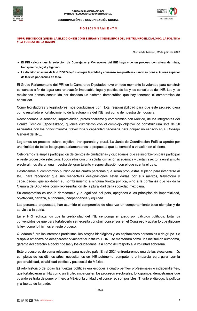 GPPRIDiputados's tweet photo. Con la voluntad política de todos los grupos parlamentarios, se impidió a la tentación de capturar o influir en esta institución. Las y los mexicanos hemos construido por décadas un sistema democrático que hoy tenemos el compromiso de consolidar. https://t.co/9T8RBBi9K9