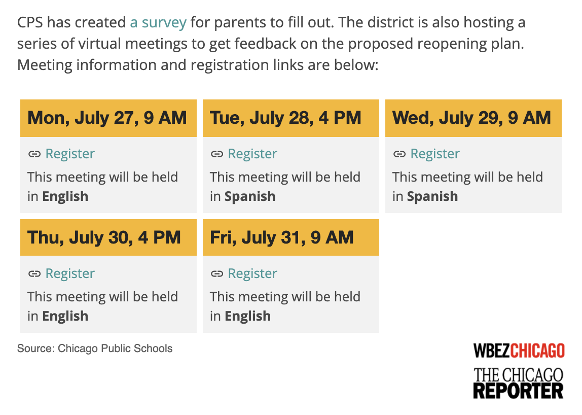 NEW: Chicago Public Schools is seeking feedback, in an online survey and virtual meetings in English and Spanish, on its hybrid reopening plan where most students will do a mix of in-person and remote learning.

Get details and a breakdown of the plan at: bit.ly/2Con9cR