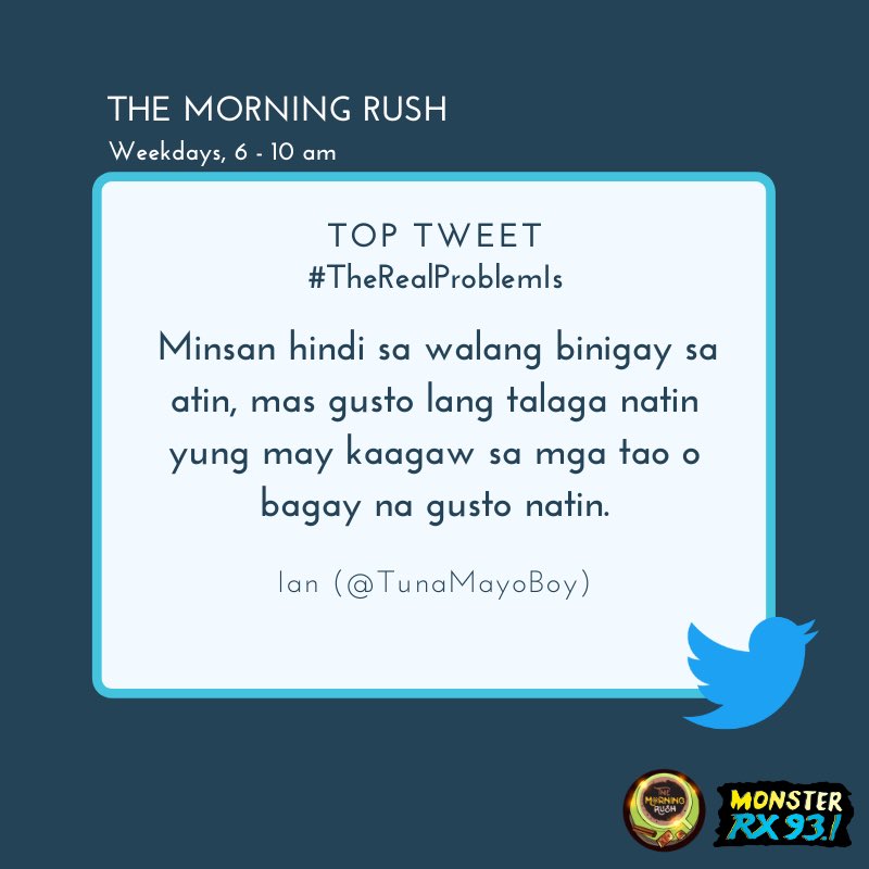 RX931's tweet photo. #TheRealProblemIs from @TunaMayoBoy
#TheMorningRush #Quaran10 https://t.co/Sr1W8imtXV