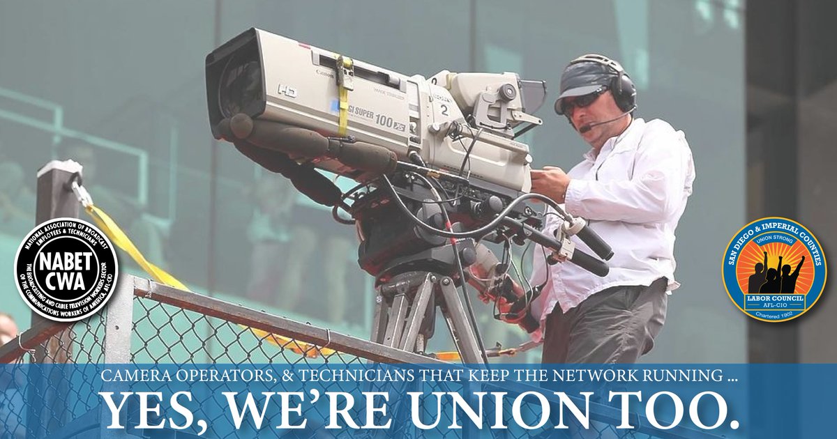 SDLaborCouncil's tweet photo. Lights, camera, action! Did you know that @NABETCWA is the broadcasting #union representing camera operators & other techs that keep TV networks running? You can find even find them here in San Diego - @NABET54! ๐ฅ #WeAreLabor #UnionStrong https://t.co/FrrlkWLiwt
